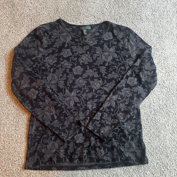 Lauren Ralph Lauren Womens XL Top Black Floral Baroque Floral Long Sleeve Cotton - Picture 8 of 11
